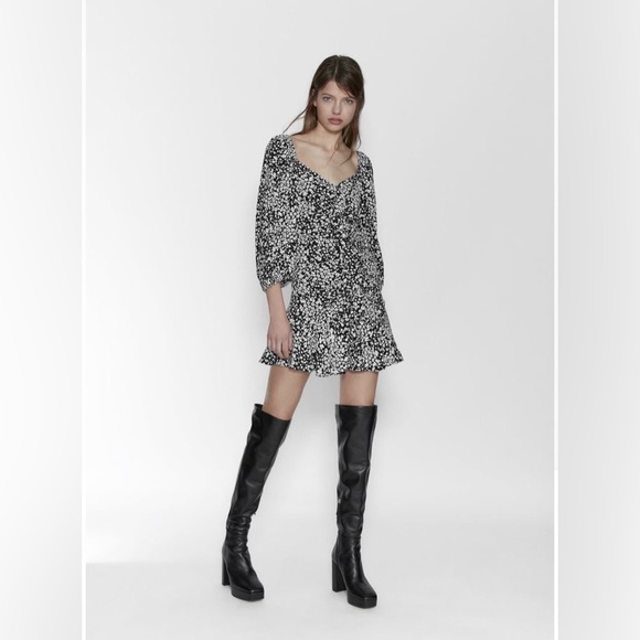 Zara Ruffle Ruched Mini Puff Sleeves Fit Flare Retro Floral Ditsy Cocktail Dress - Picture 6 of 13